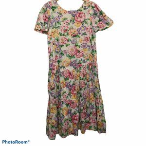 Vintage Komar Pastel Floral Prairie Cottagecore Button Down Midi Dress Medium